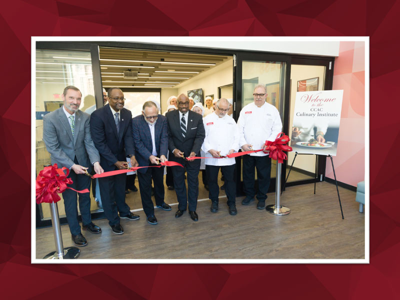 CCAC Culinary Institute ribbon-cutting ceremony. Pictured (left to right): Dr. Stephen Wells, CCAC Interim Chief Academic Officer; Dr. Evon Walters CCAC regional president; Chef Bob Sendall Emeritus Member, CCAC Educational Foundation Board of Directors CCAC Class of 1978, Culinary Arts; Dr. Quintin Bullock, CCAC president; Chef Art Inzinga CCAC professor and Culinary Arts program coordinator; Chef Roger Levine, CCAC associate professor Culinary Arts