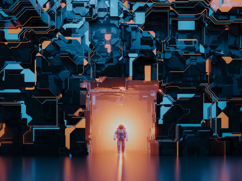 An astronaut emerges from a futuristic building in an ethereal sci-fi illustration.