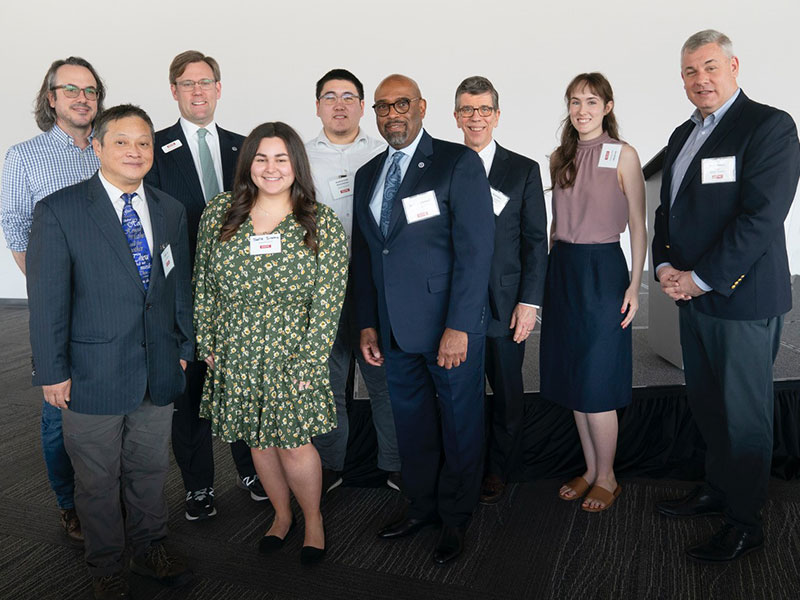 Pictured (left to right) Front row: Huiping Xu, CCAC student; Joelle Sinatra, CCAC student; Dr. Quintin Bullock, CCAC president. Second row: Chris McAneny (guest); Jamie McMahon, chief executive officer, CCAC Educational Foundation; Mukhammed Mamatysaev CCAC student; Kevin McKeegan, chair, CCAC Educational Foundation Board of Directors; Ann Bridge, CCAC student; Kevin Kinross, chair, CCAC Board of Trustees.