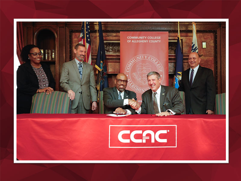 Pictured from left to right: Dr. Dorothy Collins, CCAC Vice President of Enrollment Services; Dr. Stephen Wells, CCAC Interim Chief Academic Officer; Dr. Quintin Bullock, CCAC President; Dr. Chris Brussalis, Point Park University President; Marlin Collingwood, Point Park University Vice President of Enrollment Management.