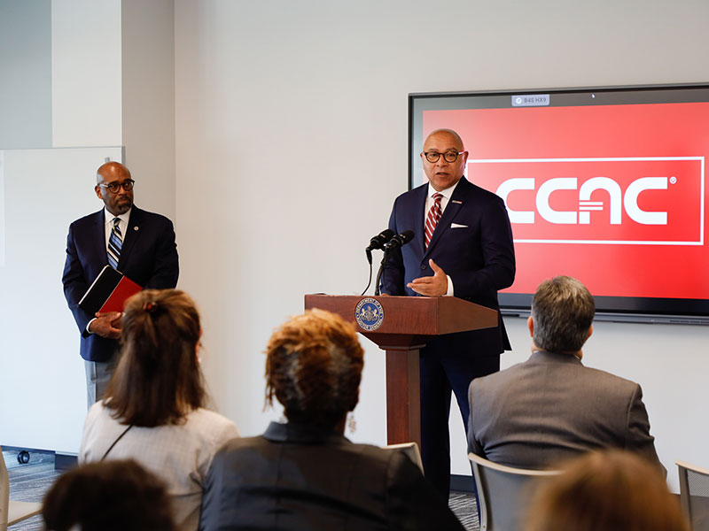 Pictured left to right: Dr. Quintin Bullock, CCAC President; Pennsylvania Auditor General Timothy L. DeFoor