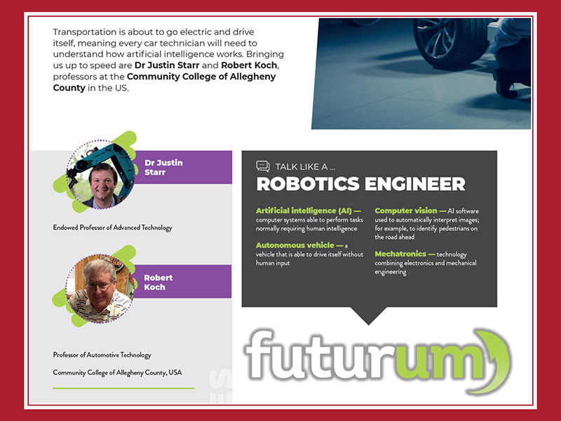 A page from Futurum magazine features CCAC professors Dr. Justin Starr and Robert Koch alongside explanations of terminology like “computer vision” and “mechatronics.”