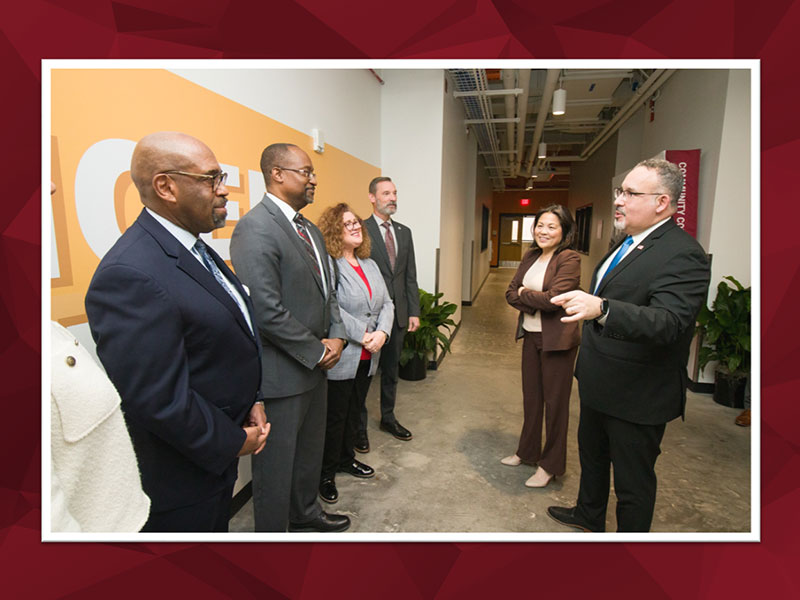 U.S. Secretary of Education Miguel Cardona and Acting U.S. Secretary of Labor Julie Su meet CCAC administrators during their Allegheny campus visit: President Quintin Bullock, Regional President Evon Walters, Vice President for Workforce Development Debra Roach and Interim Chief Academic Officer Stephen Wells.