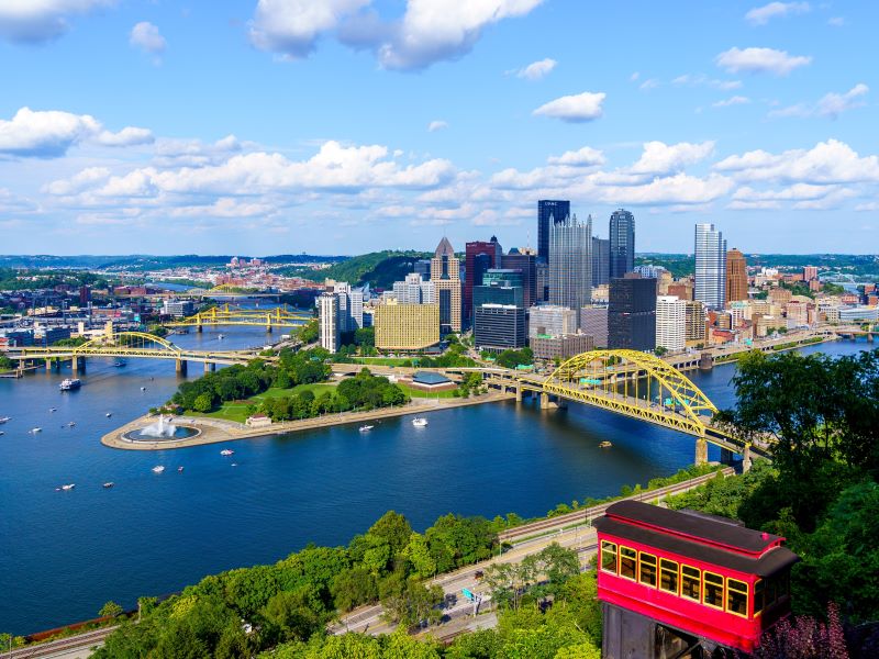 Downtown Pittsburgh is framed by the river confluence as seen from Mount Washington’s Grandview Overlook.