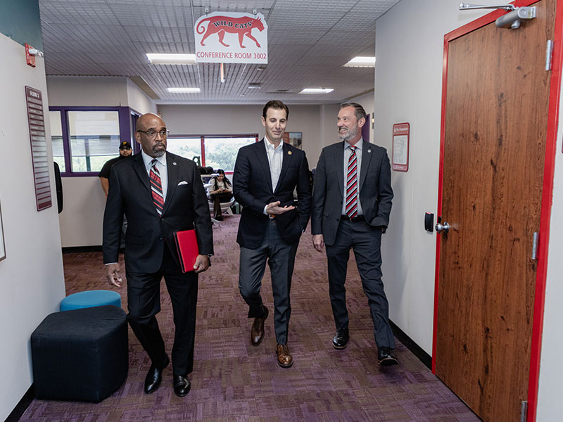 Pictured (left to right): Dr. Quintin Bullock, CCAC President; Rep. Chris Deluzio and Dr. Stephen Wells, CCAC Provost and Chief Academic Officer arriving for the tour and news conference at North Campus to highlight the college’s leadership and commitment to sustainable energy initiatives.