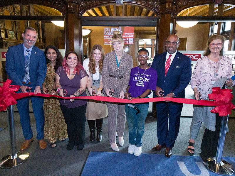 Pictured (left to right): Dr. Stephen H. Wells, CCAC Provost & Chief Academic Officer; Dr. Srujana Kanjula, Professor, Sociology; Micaela Peterson, CCAC Student; Dr. Ashleigh Fox, Associate Professor, English; Emily Marshman, Associate Professor, Physics; Marsh Anderson, Student; Dr. Quintin Bullock, CCAC President; Noel Knille, CCAC Vice President & Chief Facilities Officer.